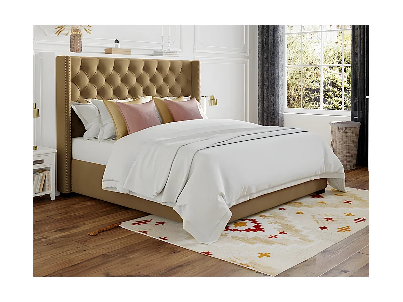 Lit 140 x 200 cm avec tête de lit capitonnée - Tissu - Beige + Matelas - MASSIMO