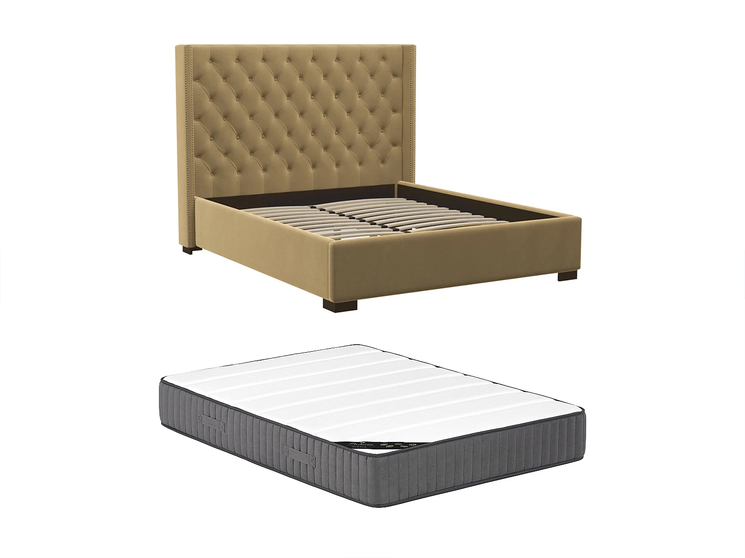 Lit 140 x 200 cm avec tête de lit capitonnée - Tissu - Beige + Matelas - MASSIMO