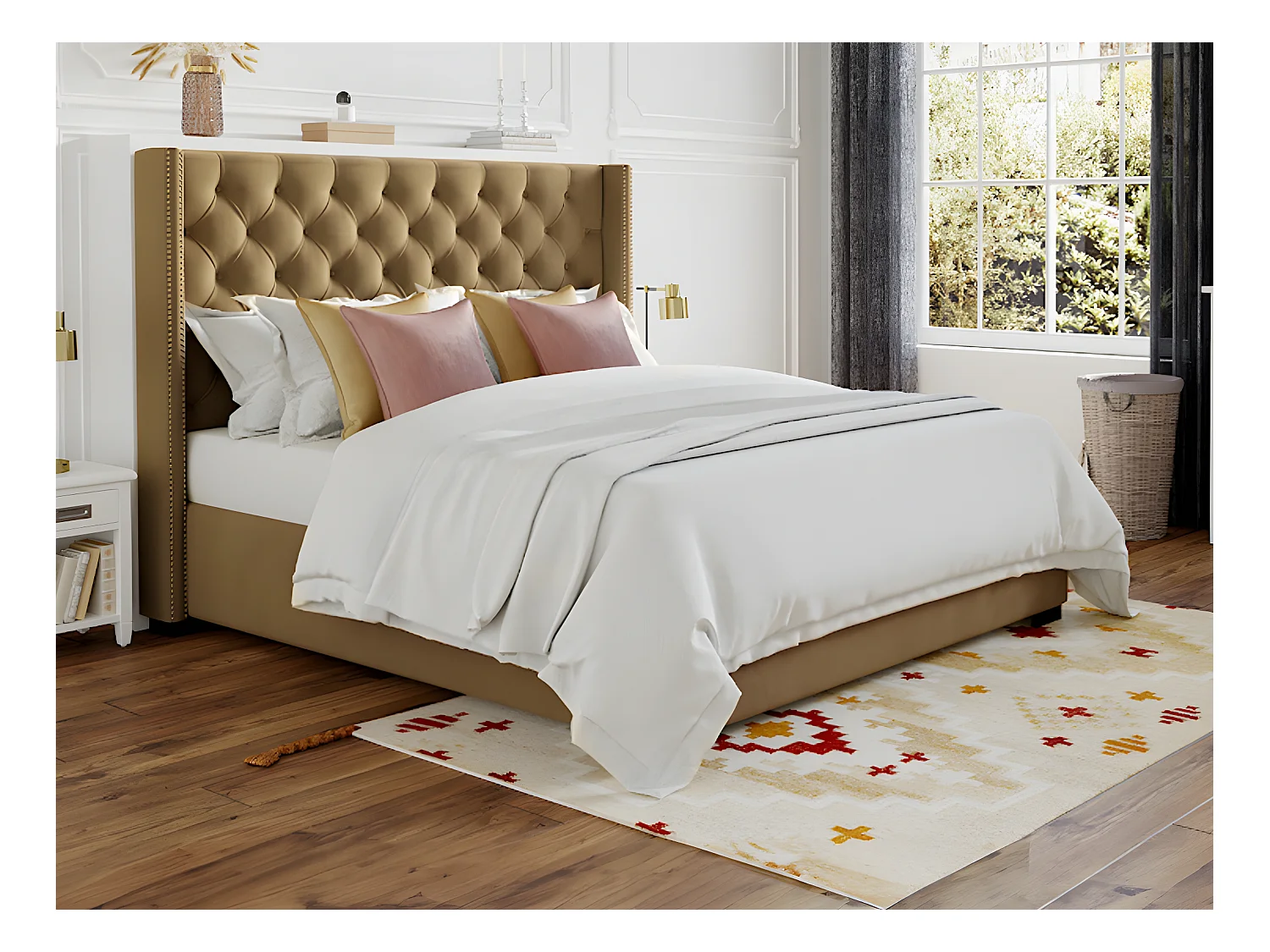 Polsterbett mit gestepptem Kopfteil + Matratze - 140 x 200 cm - Stoff - Beige - MASSIMO