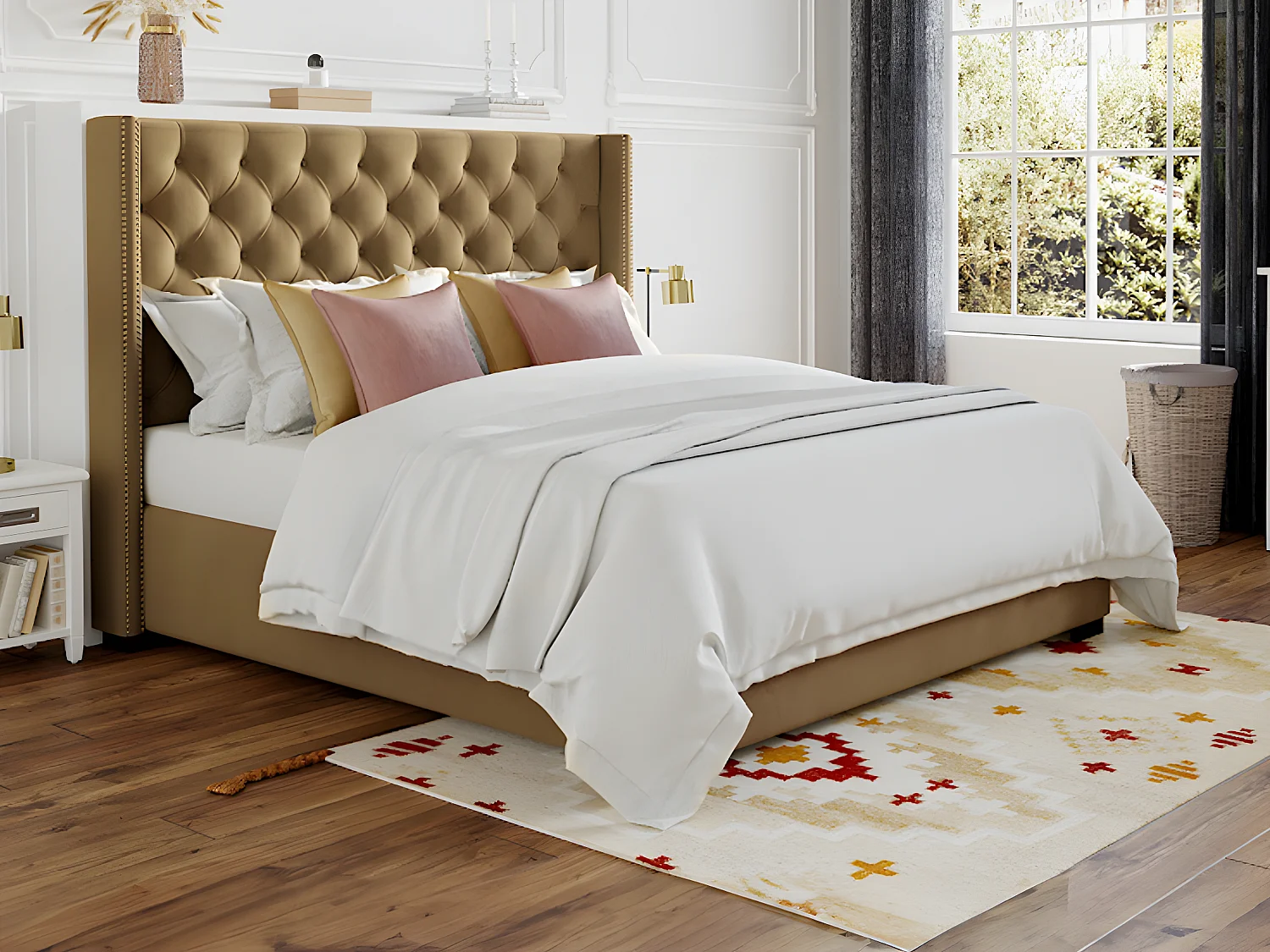 Bed met gewatteerd hoofdbord - 140 x 200 cm - Stof - Beige + matras - MASSIMO