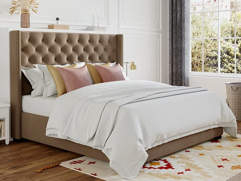 Letto con testata imbottita 160 x 200 cm Tessuto Beige + Materasso - MASSIMO II