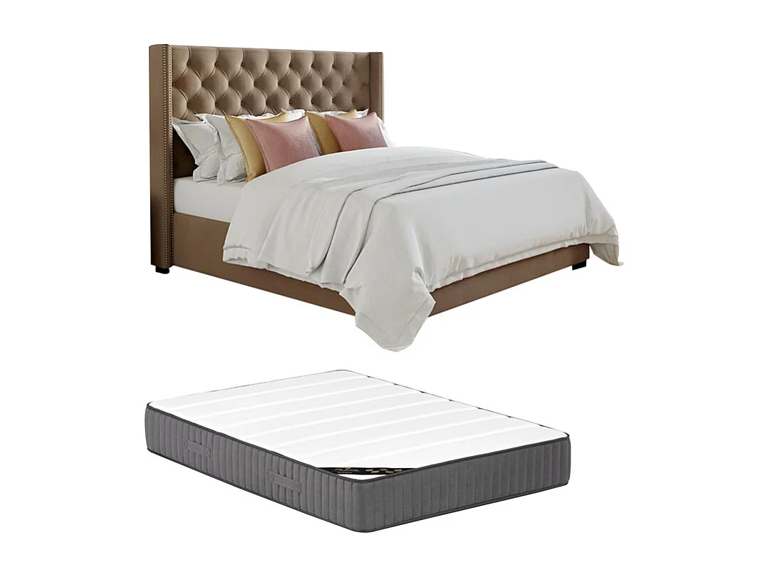 Cama com cabeceira estofada 160 x 200 cm + colchão - Tecido bege - MASSIMO II