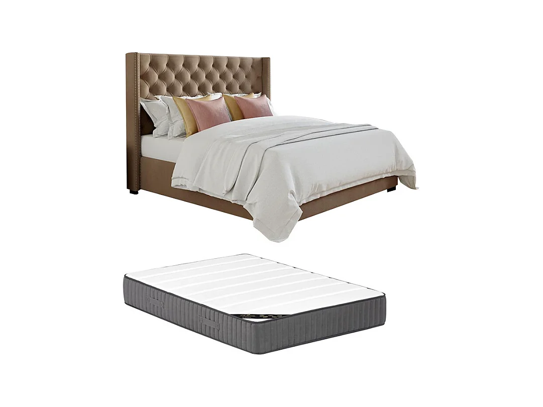 Polsterbett mit gestepptem Kopfteil + Matratze - 160 x 200 cm - Stoff - Beige - MASSIMO II