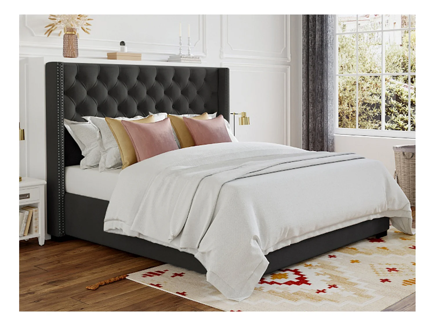 Lit 160 x 200 cm avec tête de lit capitonnée - Tissu - Gris + Matelas - MASSIMO II