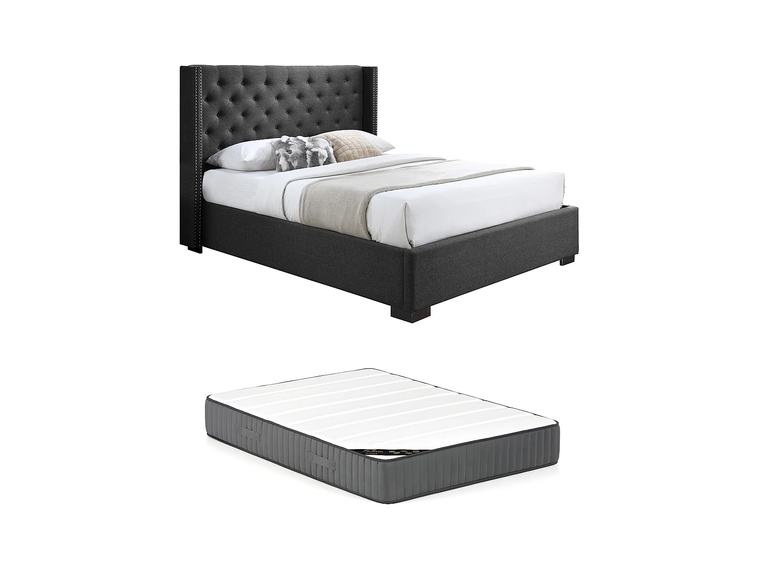 Lit 160 x 200 cm avec tête de lit capitonnée - Tissu - Gris + Matelas - MASSIMO II