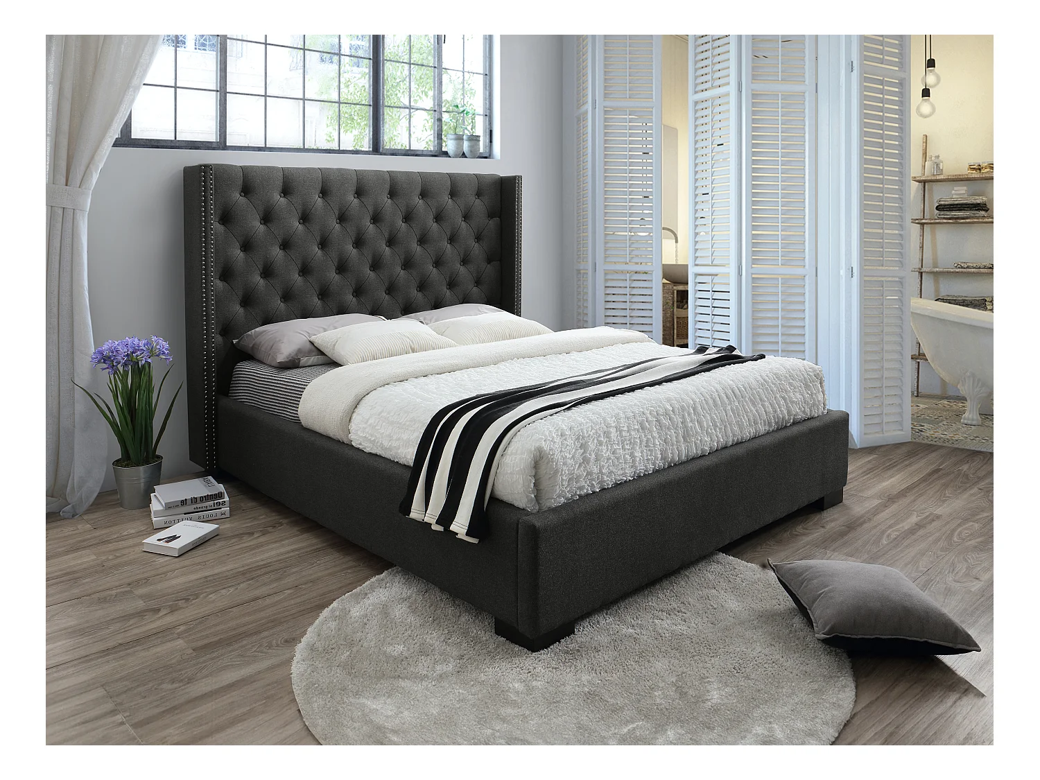 Lit 160 x 200 cm avec tête de lit capitonnée - Tissu - Gris + Matelas - MASSIMO II