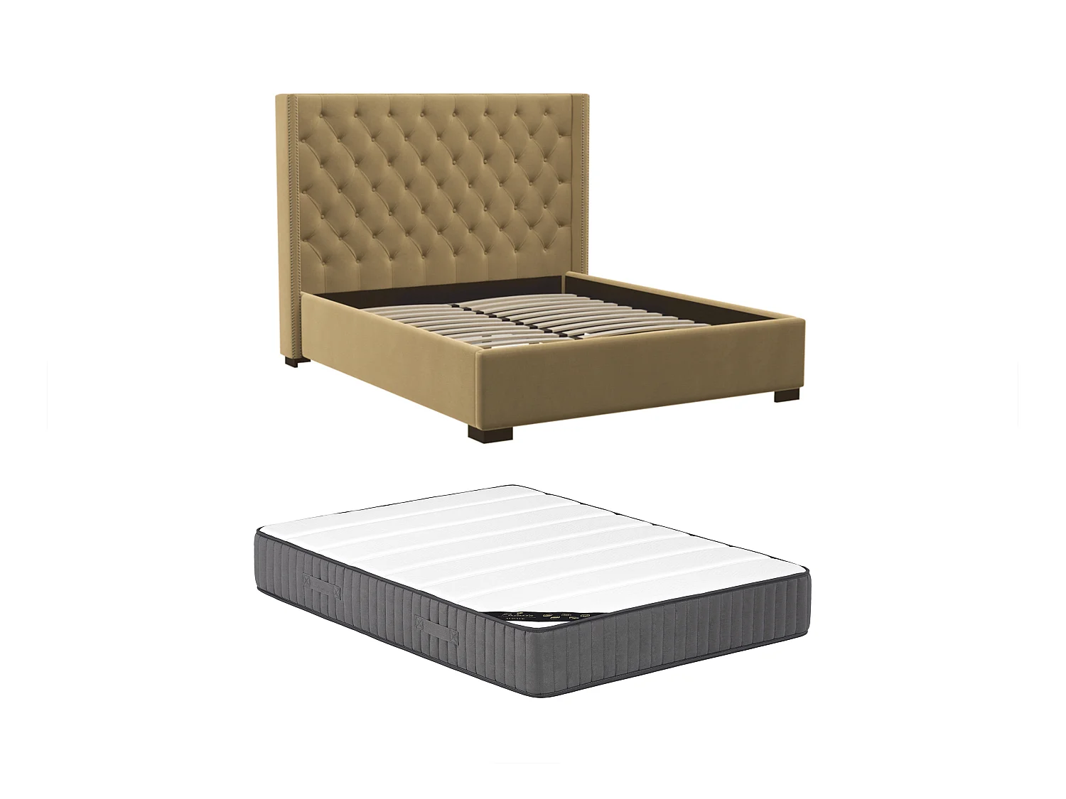 Letto con testata imbottita 180 x 200 cm Tessuto Beige + Materasso - MASSIMO II