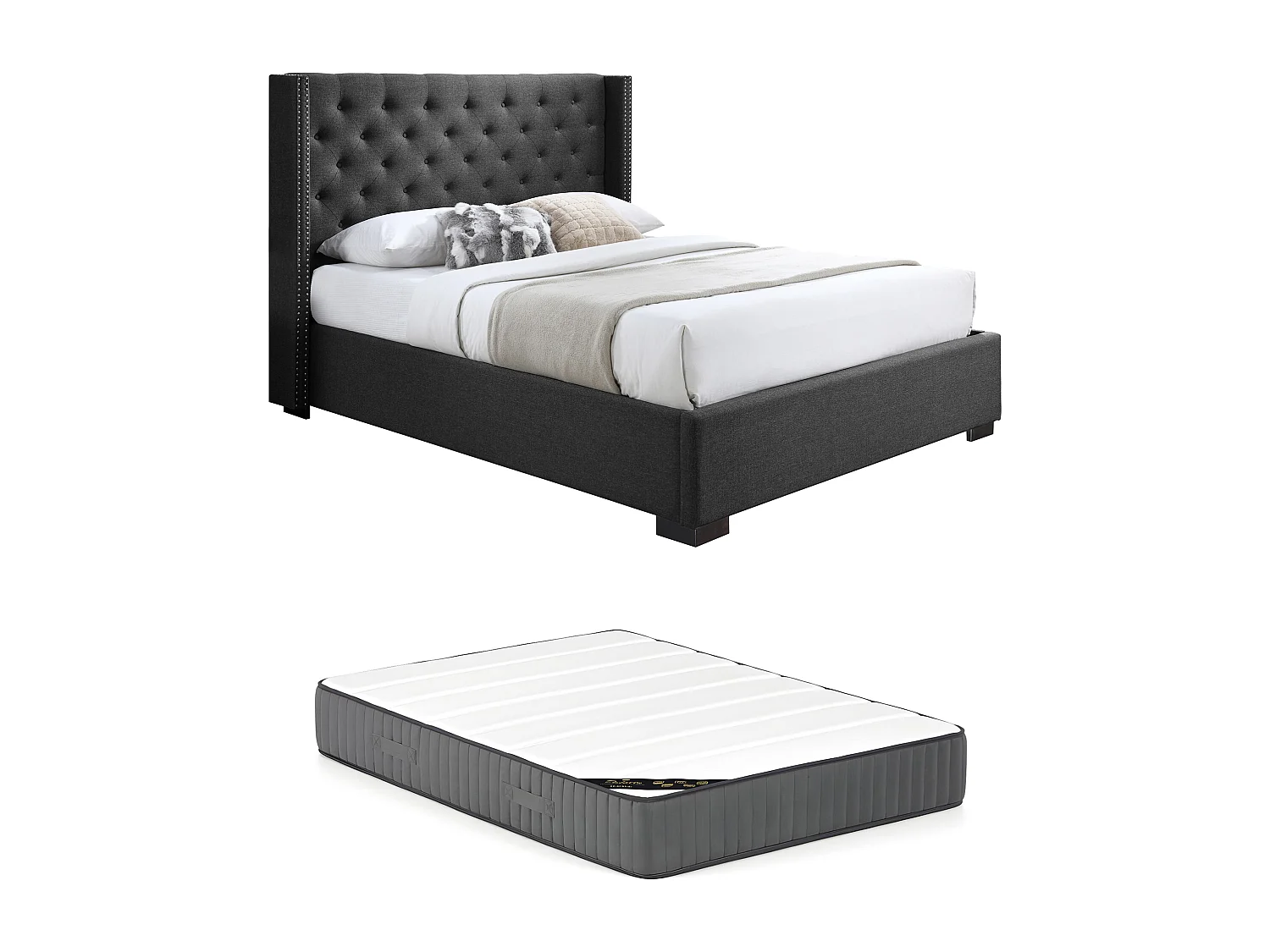 Lit 180 x 200 cm avec tête de lit capitonnée - Tissu - Gris + Matelas - MASSIMO II