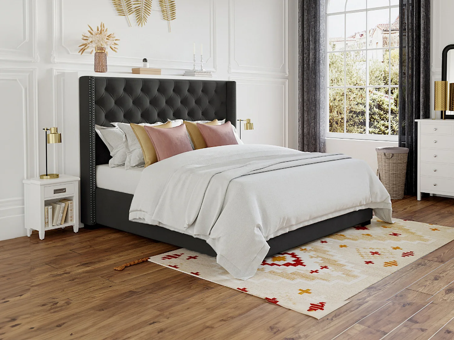 Lit 180 x 200 cm avec tête de lit capitonnée - Tissu - Gris + Matelas - MASSIMO II