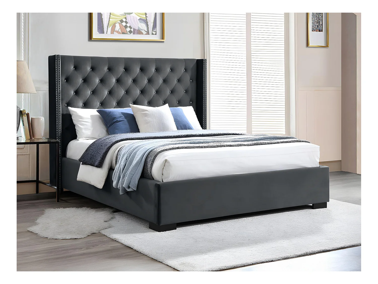 Lit avec tête de lit capitonnée - 160 x 200 cm - Velours - Gris + Matelas - MASSIMO II