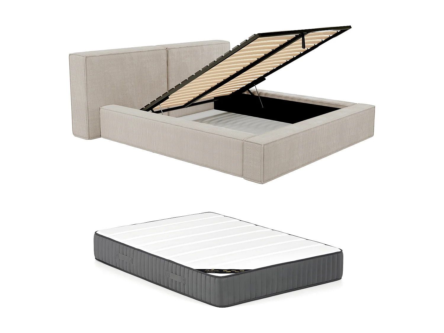 Lit coffre 140 x 190 cm - Velours côtelé - Beige + Matelas - TIMANO