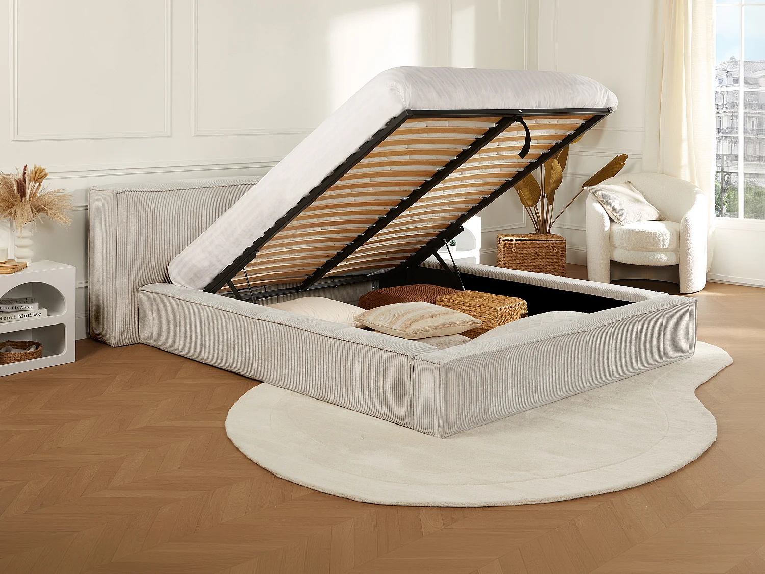 Lit coffre 140 x 190 cm - Velours côtelé - Beige + Matelas - TIMANO
