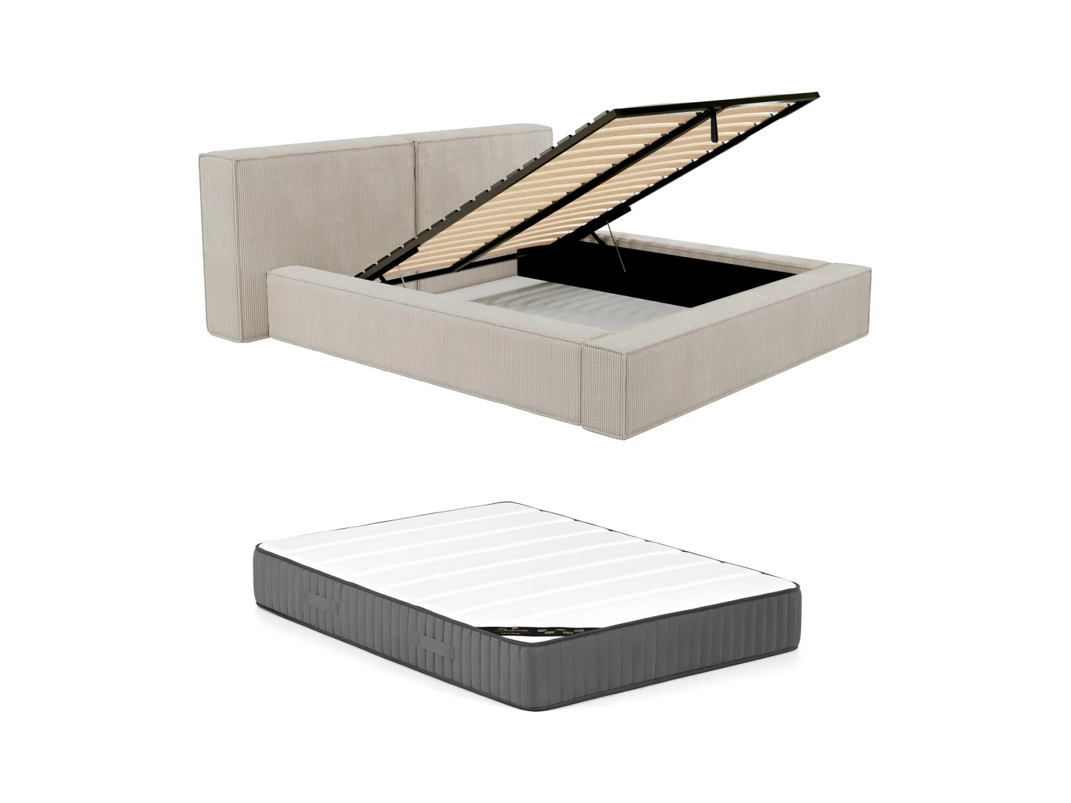 Lit coffre 160 x 200 cm - Velours côtelé - Beige + Matelas - TIMANO de Pascal Morabito