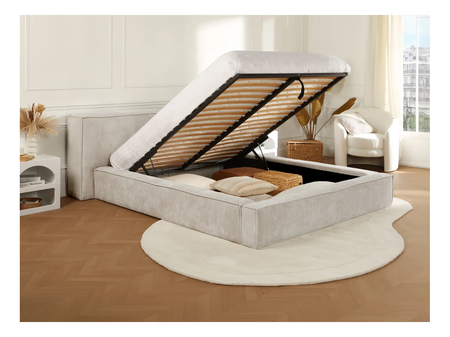 Lit coffre 160 x 200 cm - Velours côtelé - Beige + Matelas - TIMANO de Pascal Morabito