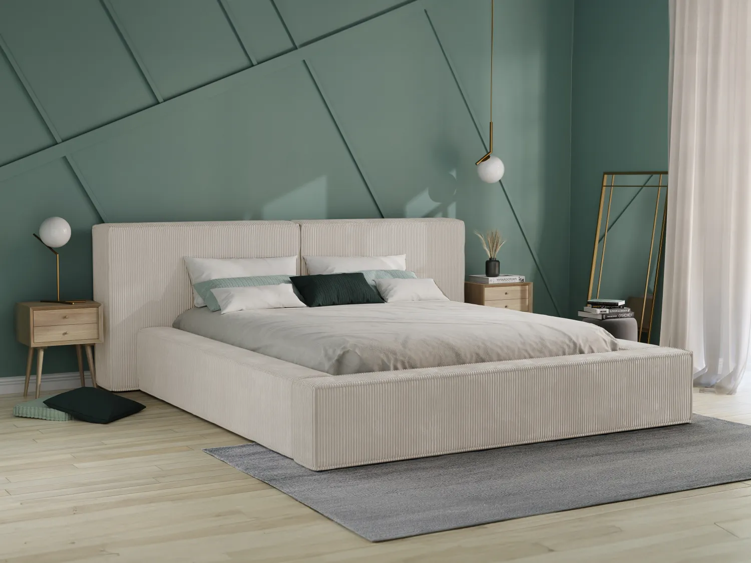 Lit coffre 160 x 200 cm - Velours côtelé - Beige + Matelas - TIMANO de Pascal Morabito