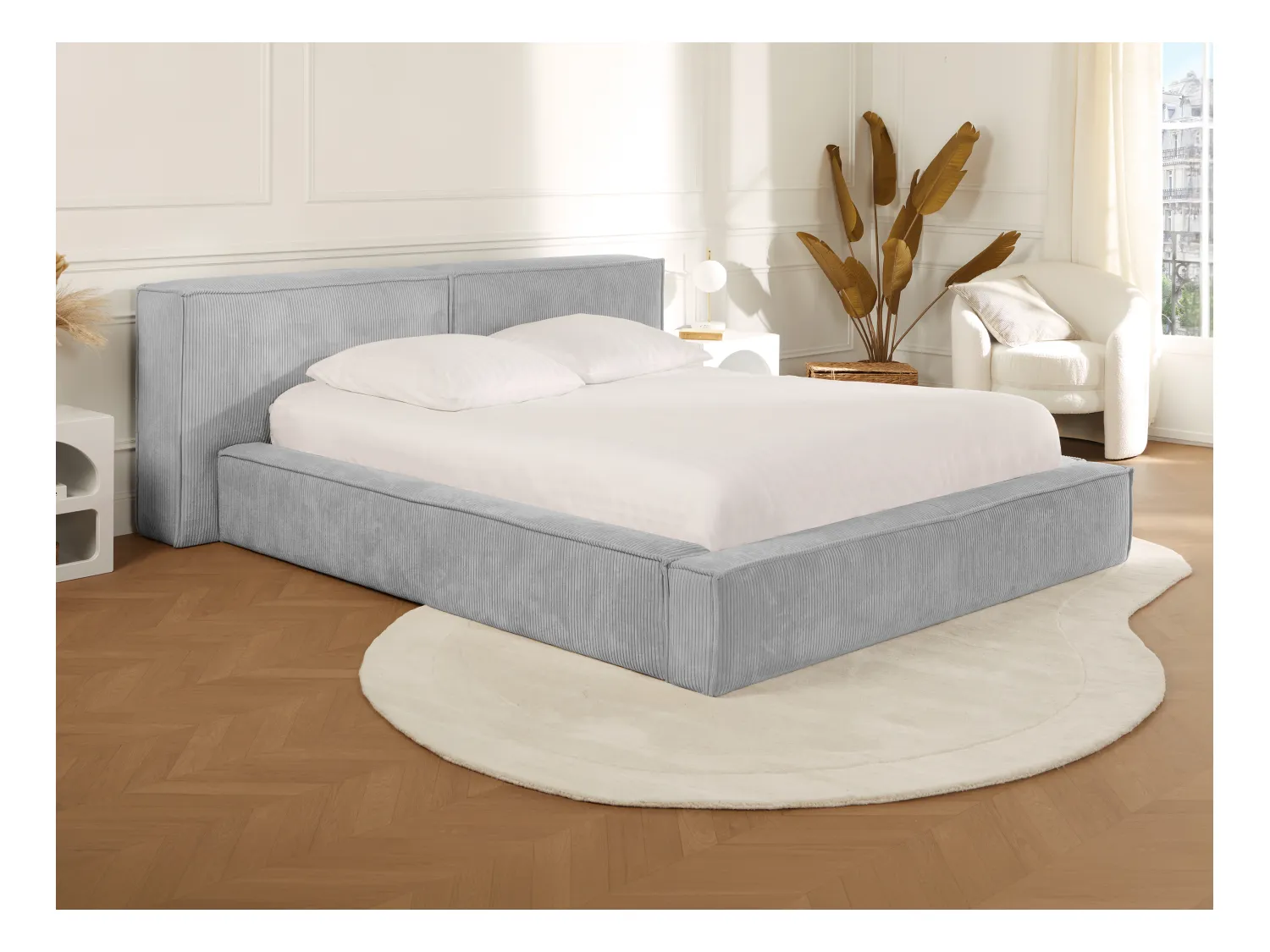 Bett mit Bettkasten + Matratze - 160 x 200 cm - Cord - Hellgrau - TIMANO von Pascal Morabito
