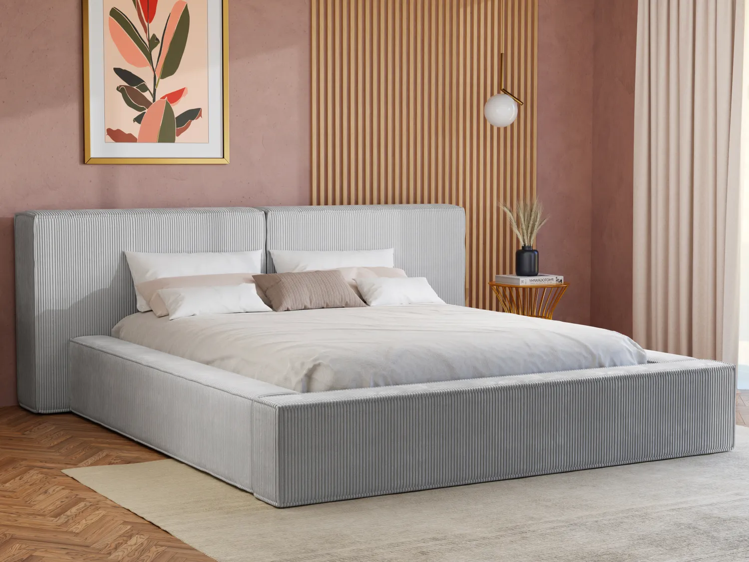 Cama com arrumação 160 x 200 cm veludo canelado cinza-claro + colchão - TIMANO de Pascal Morabito