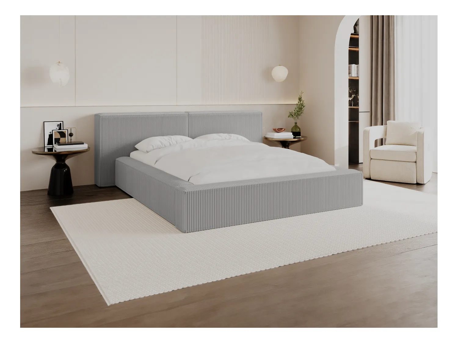 Cama com arrumação 160 x 200 cm veludo canelado cinza-claro + colchão - TIMANO de Pascal Morabito