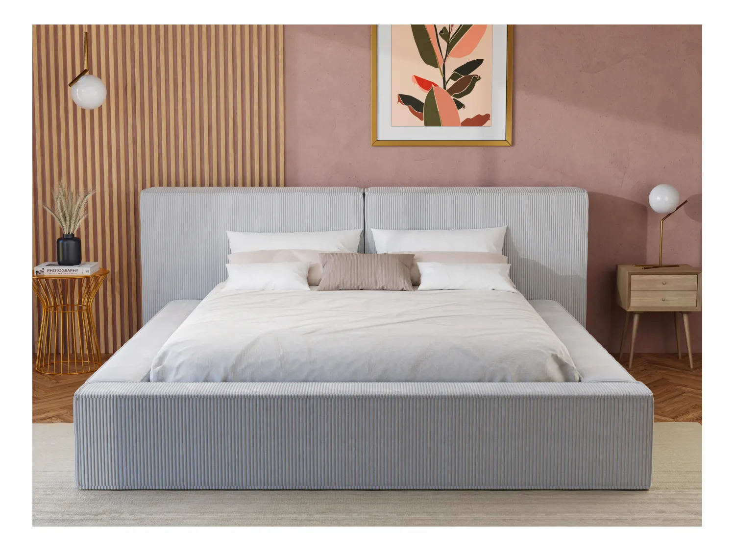 Cama com arrumação 160 x 200 cm veludo canelado cinza-claro + colchão - TIMANO de Pascal Morabito