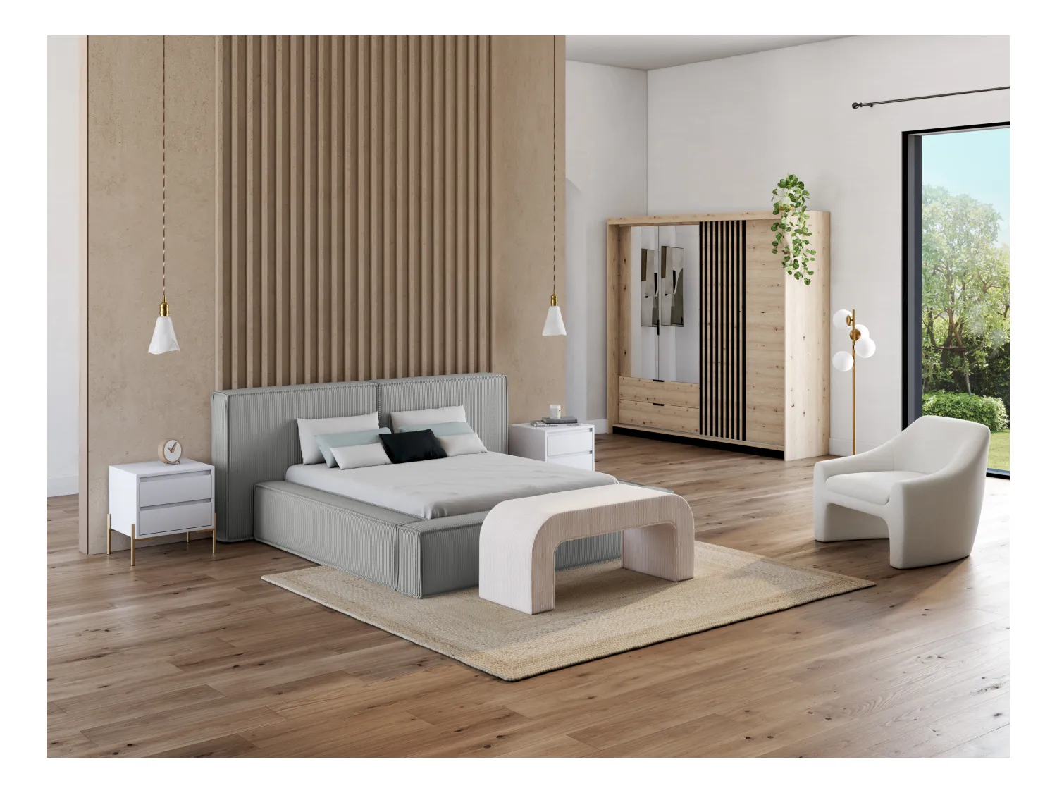 Cama com arrumação 160 x 200 cm veludo canelado cinza-claro + colchão - TIMANO de Pascal Morabito