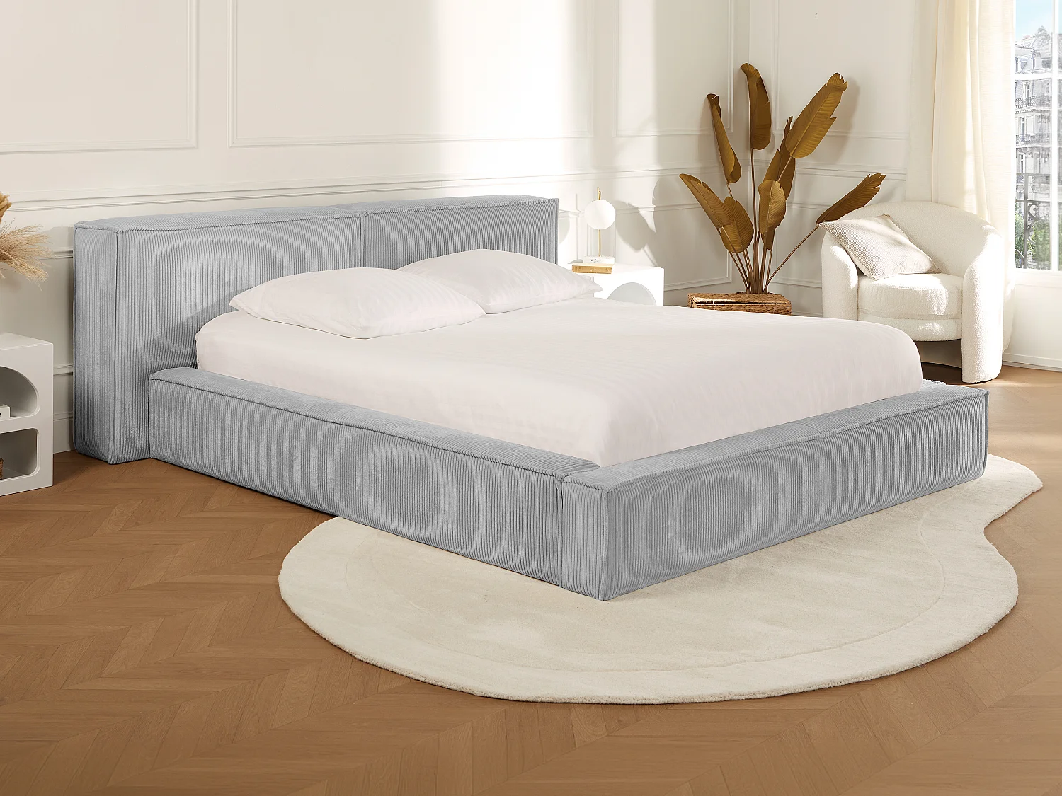 Lit coffre 160 x 200 cm - Velours côtelé - Gris clair + Matelas - TIMANO de Pascal Morabito