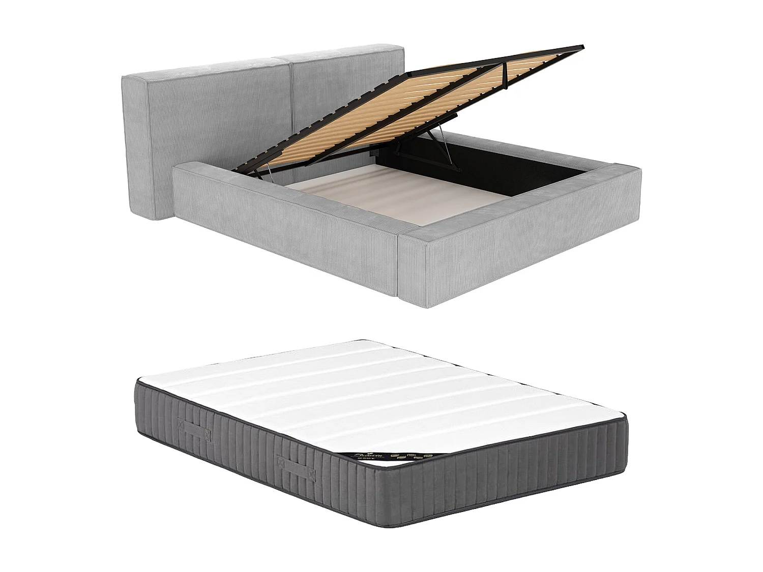 Lit coffre 160 x 200 cm - Velours côtelé - Gris clair + Matelas - TIMANO de Pascal Morabito