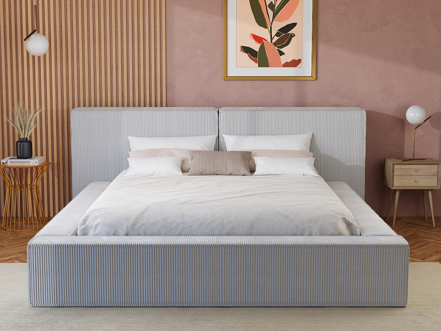 Bett mit Bettkasten + Matratze - 180 x 200 cm - Cord - Hellgrau - TIMANO von Pascal Morabito