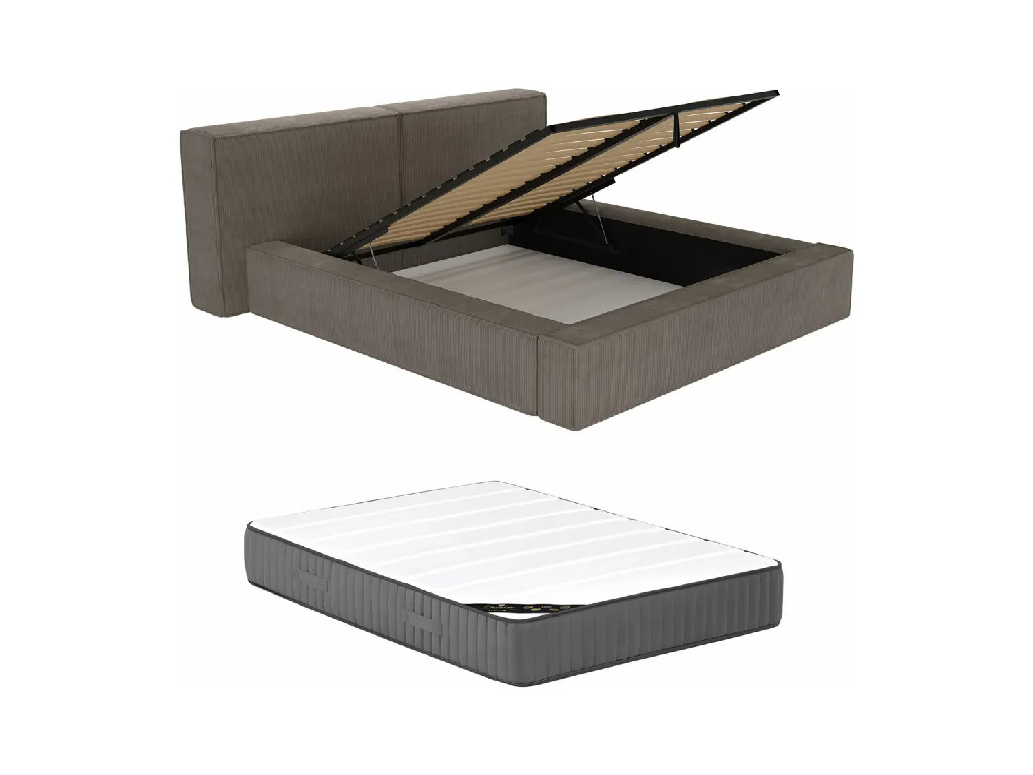 Lit coffre 180 x 200 cm - Velours côtelé - Taupe + Matelas - TIMANO de Pascal Morabito