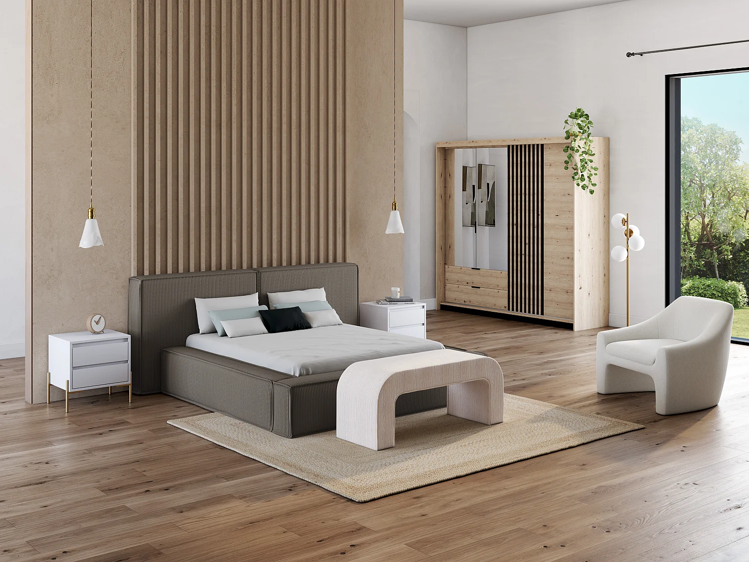 Bett mit Bettkasten + Matratze - 160 x 200 cm - Cord - Taupe - TIMANO von Pascal Morabito