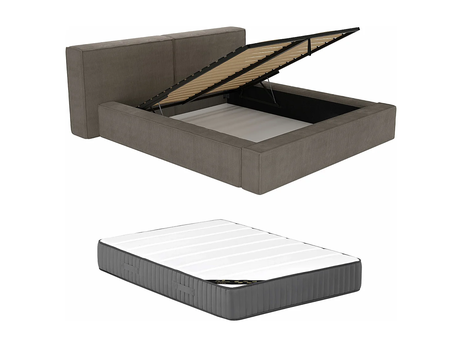 Bett mit Bettkasten + Matratze - 160 x 200 cm - Cord - Taupe - TIMANO von Pascal Morabito