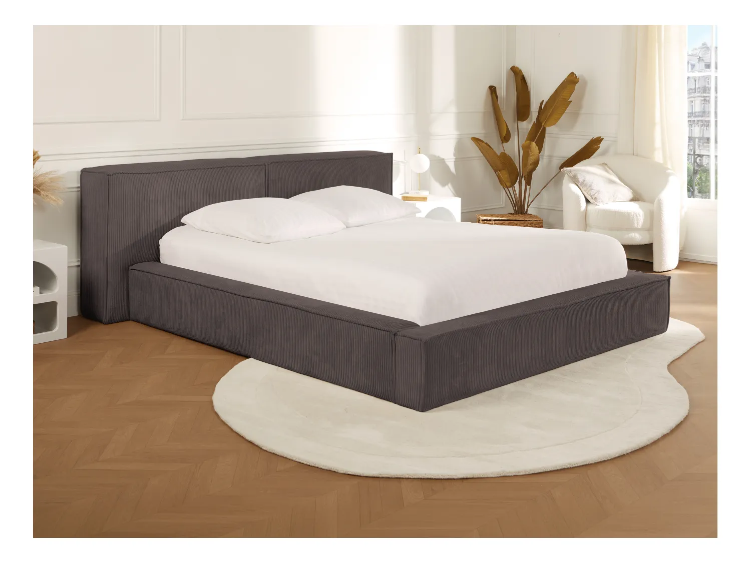 Lit coffre 160 x 200 cm - Velours côtelé - Taupe + Matelas - TIMANO de Pascal Morabito