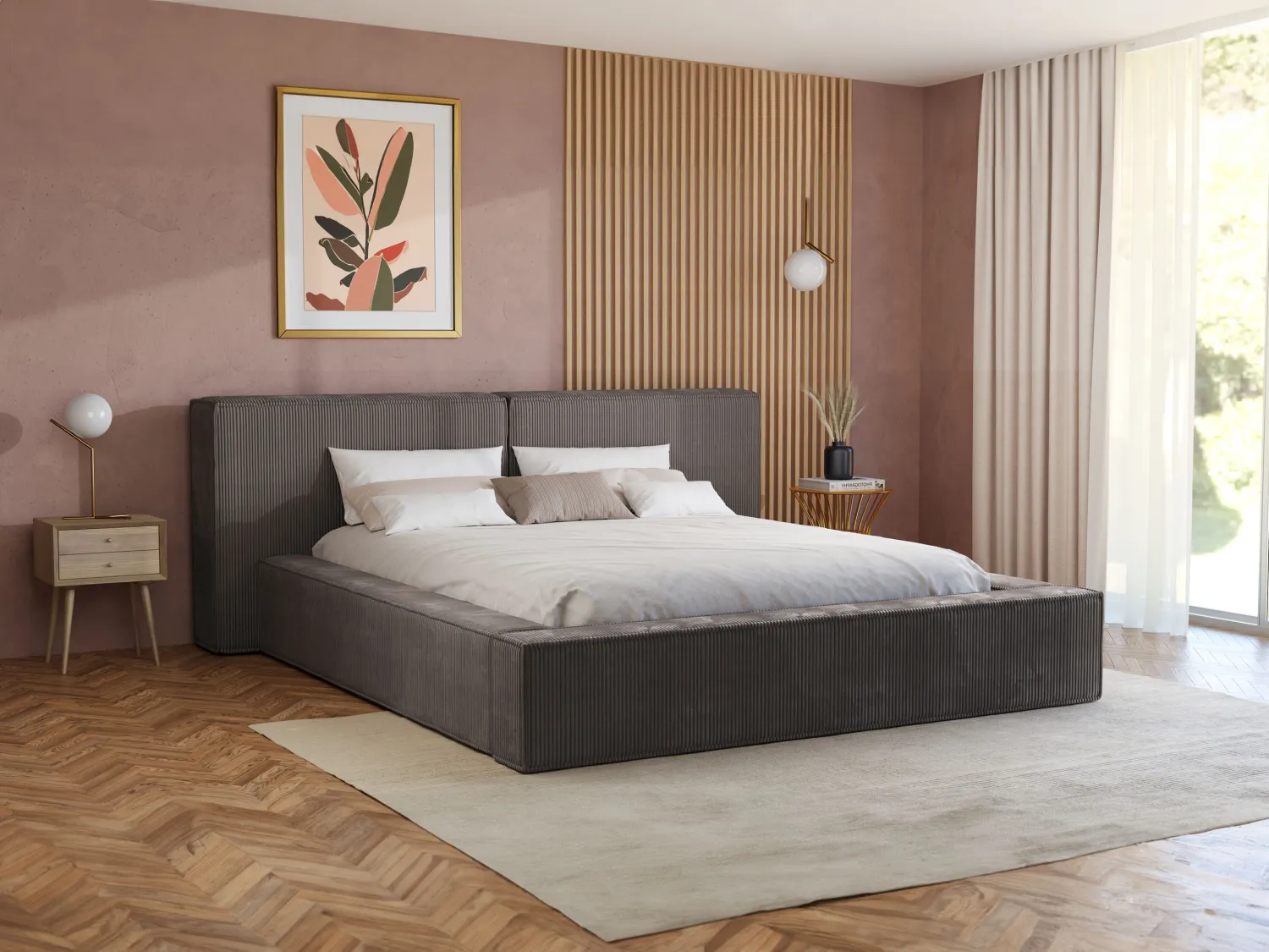 Letto contenitore 160 x 200 cm in Velluto a coste Tortora + Materasso TIMANO di Pascal Morabito