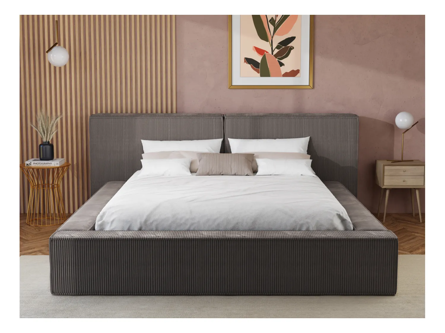 Letto contenitore 160 x 200 cm in Velluto a coste Tortora + Materasso TIMANO di Pascal Morabito
