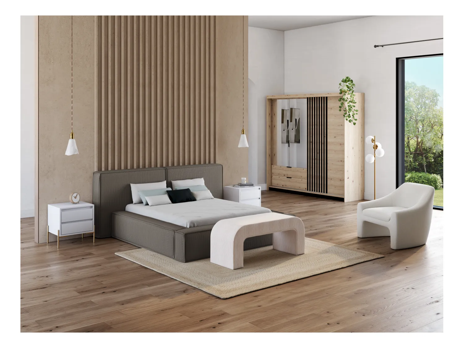 Letto contenitore 160 x 200 cm in Velluto a coste Tortora + Materasso TIMANO di Pascal Morabito