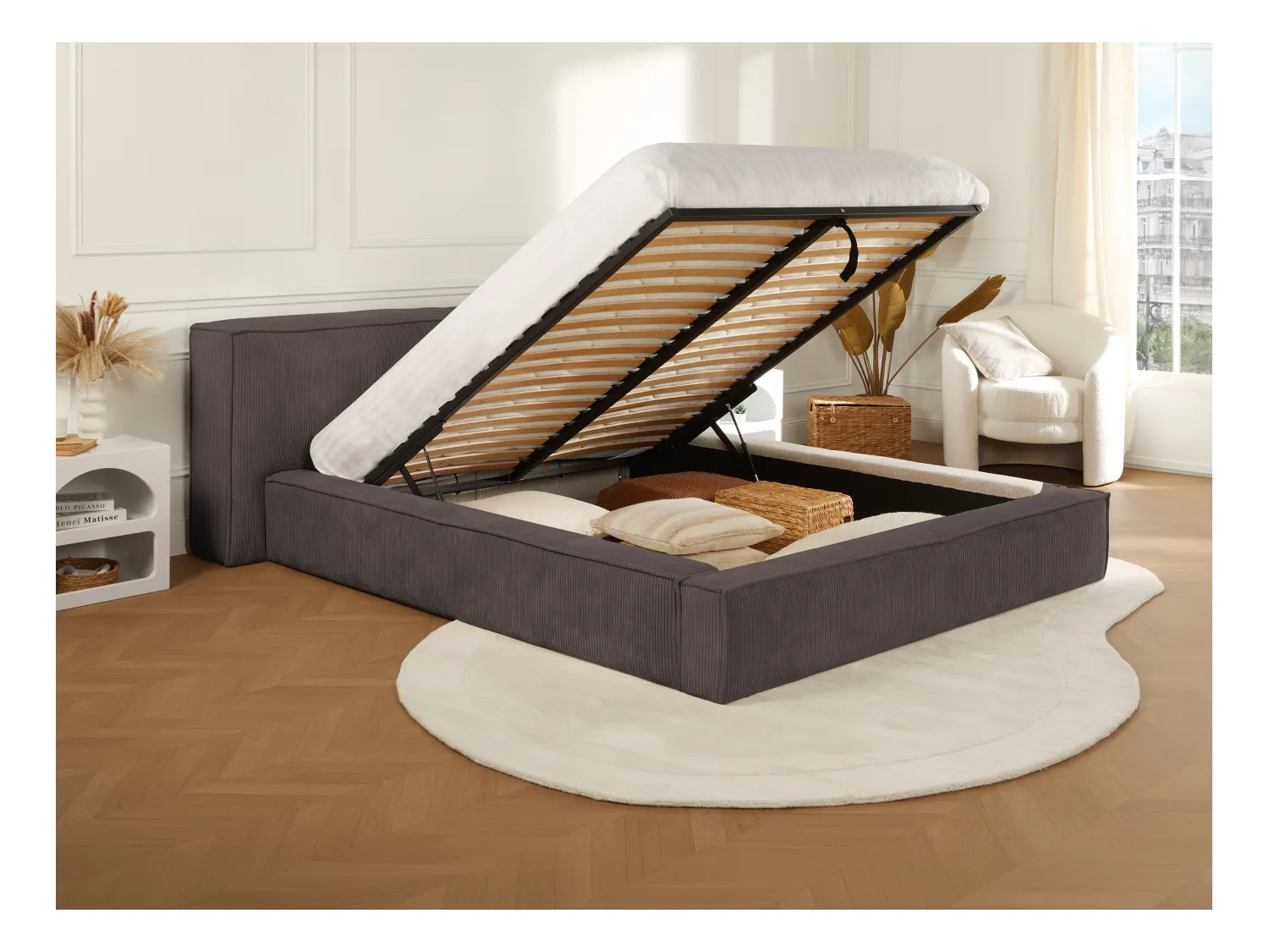 Letto contenitore 160 x 200 cm in Velluto a coste Tortora + Materasso TIMANO di Pascal Morabito
