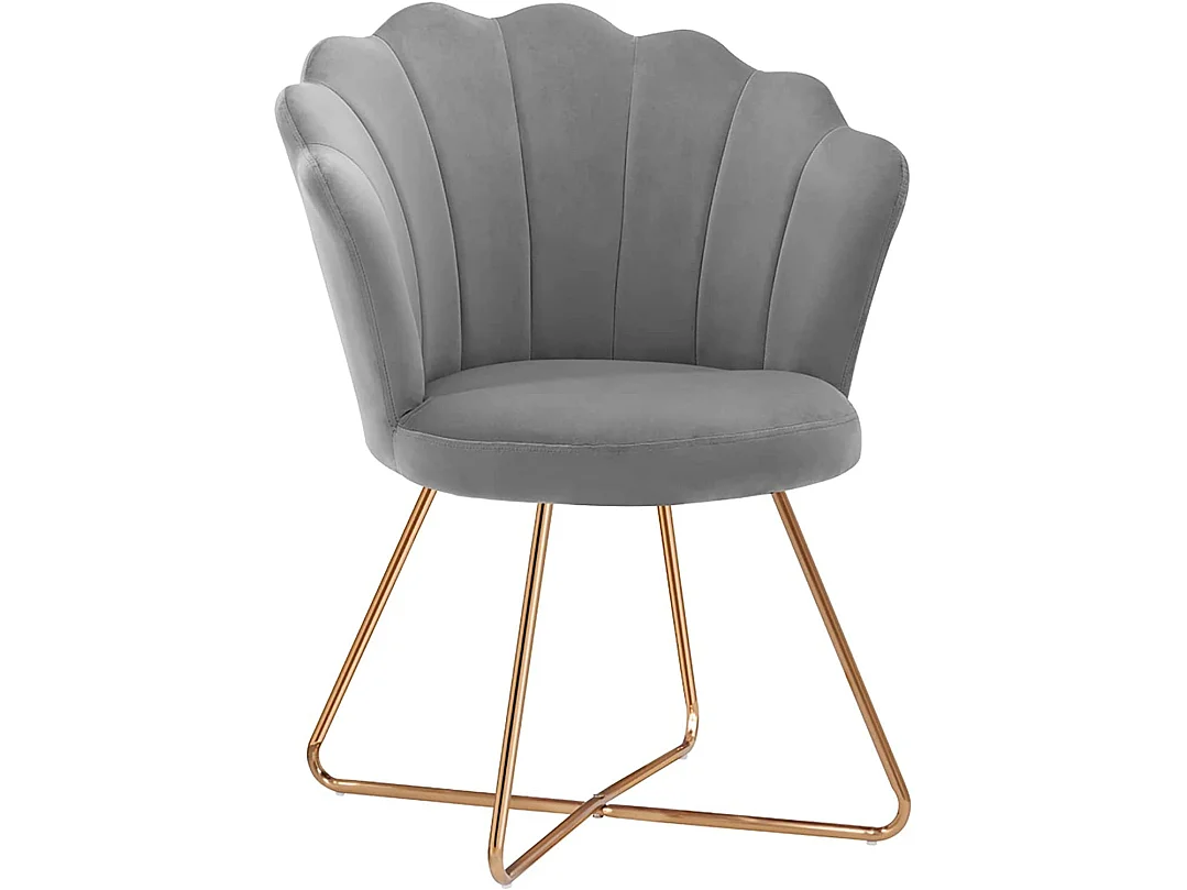 Fauteuil rembourré design retro en tissu velours gris pieds entrecroisée dorée FAL09118