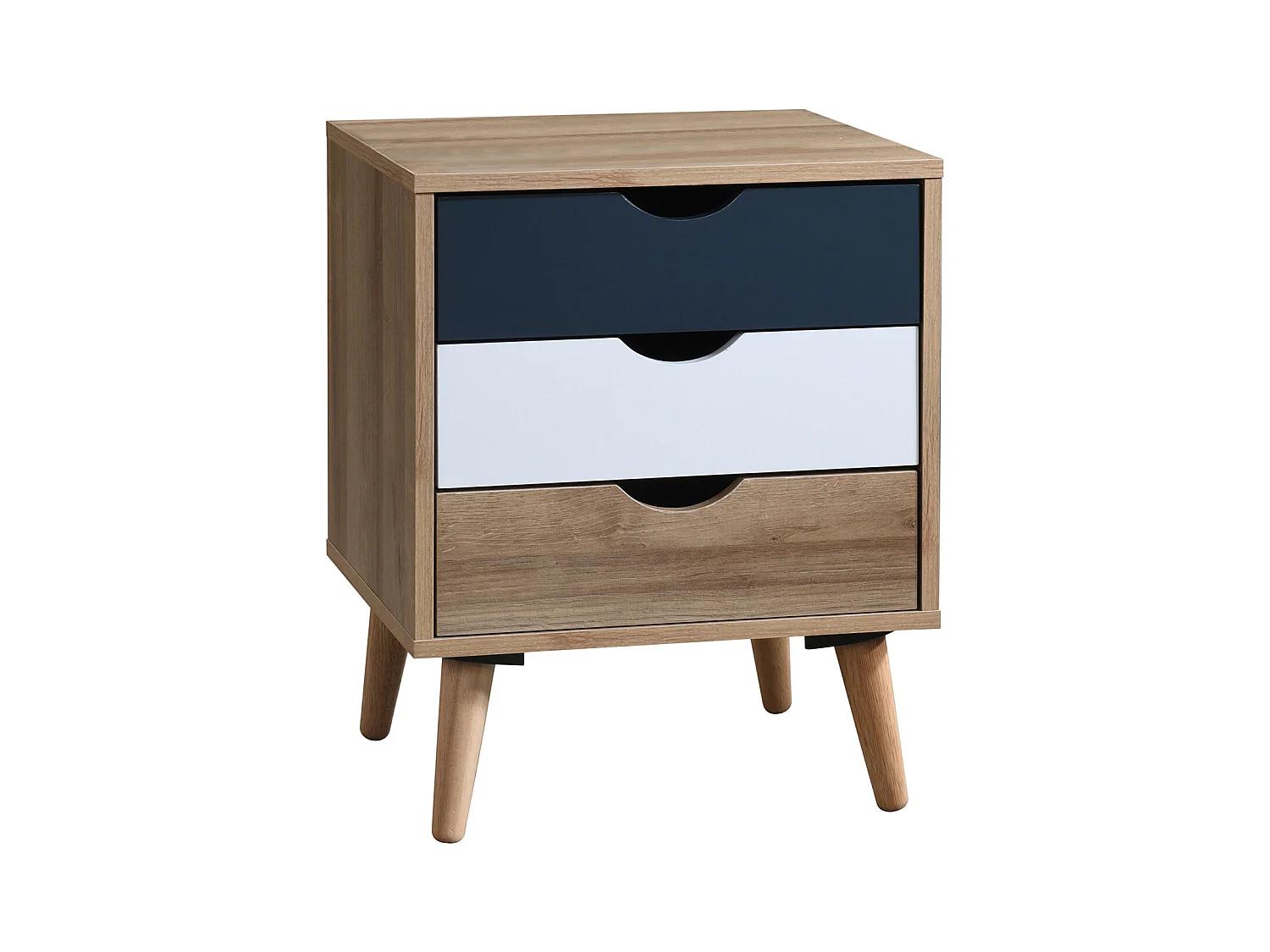 Nachtkastje met 3 lades - Kleur: naturel, wit en marineblauw - LURVIA