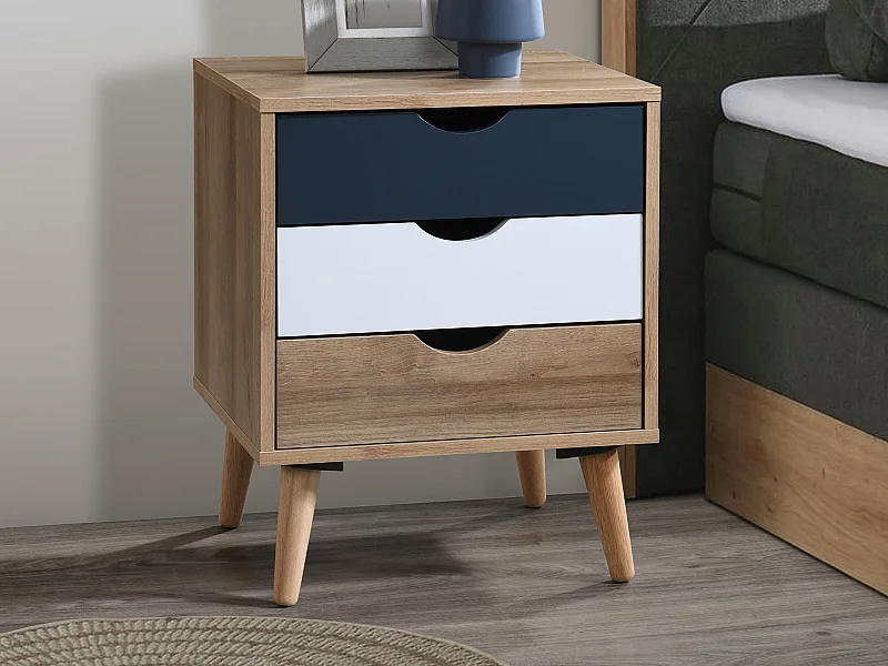 Mesa de cabeceira com 3 gavetas cores natural, branco e azul-marinho - LURVIA