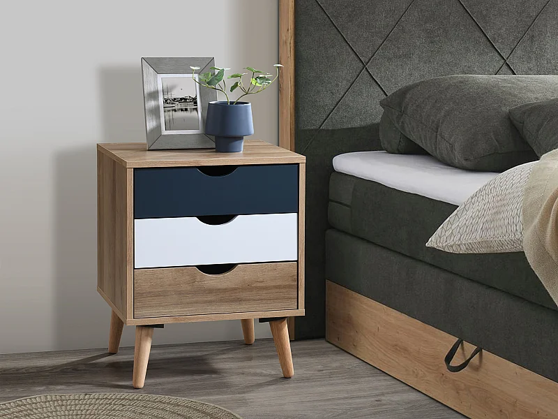 Szafka nocna z 3 szufladami - Kolory: Naturalny, biały i granatowy - LURVIA