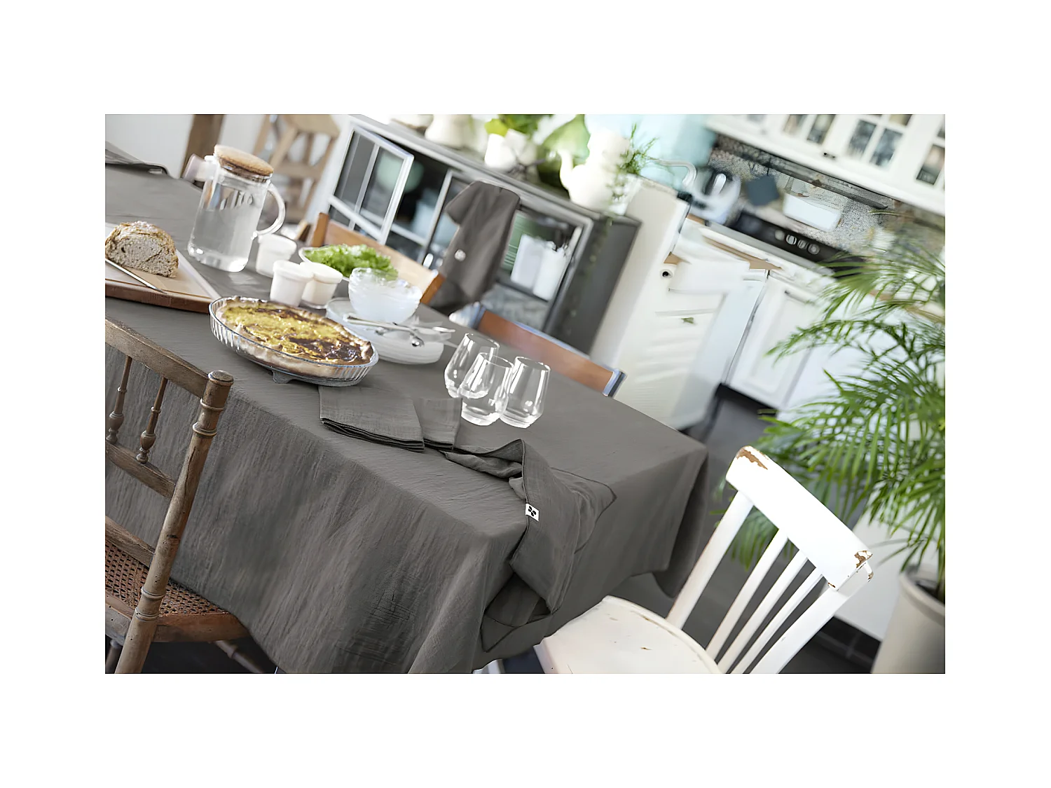 OUREA - Nappe Rectangulaire 150x350cm Gaze de Coton Granit