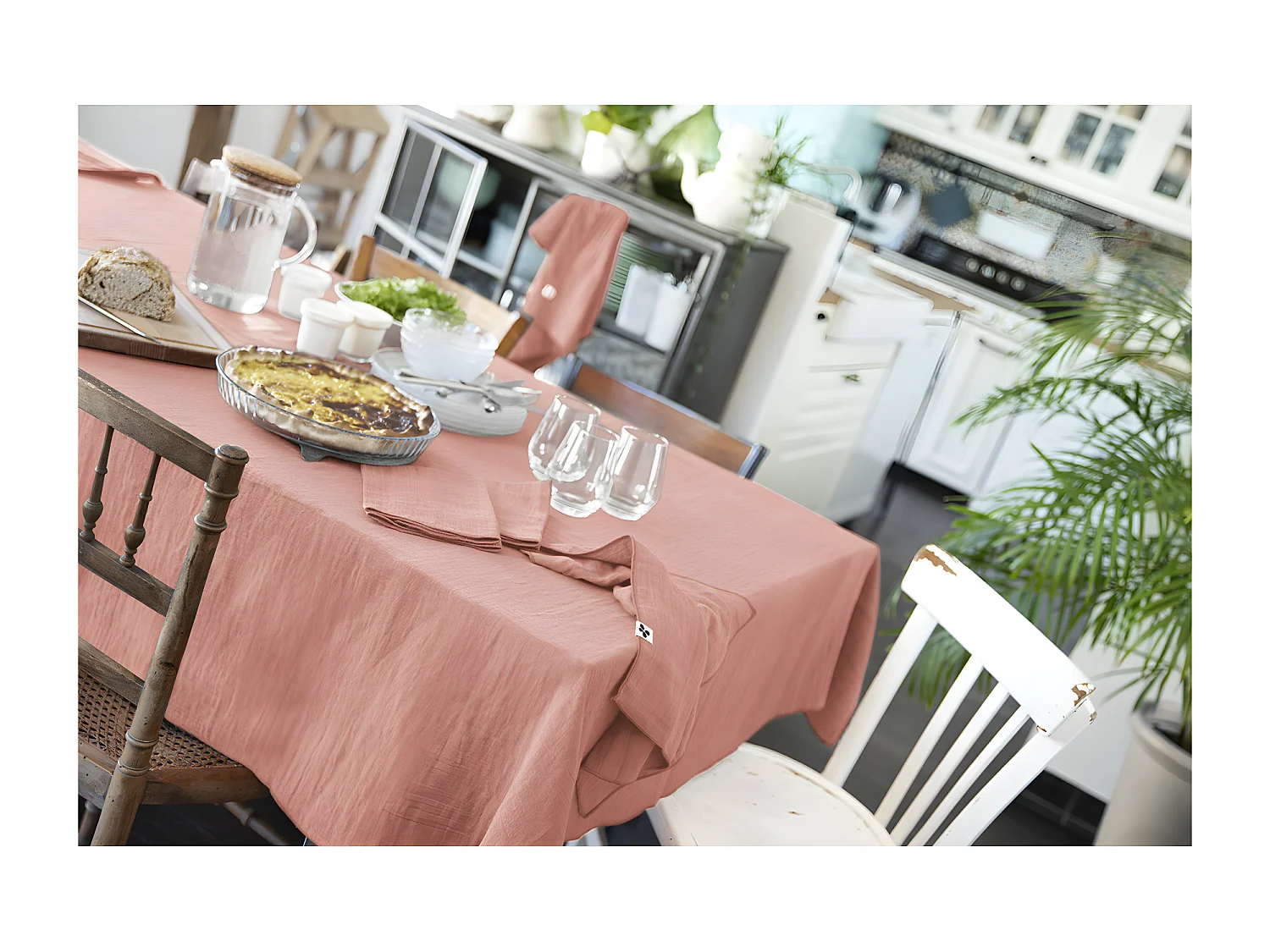 OUREA - Nappe Rectangulaire 150x250cm Gaze de Coton Rose Pêche