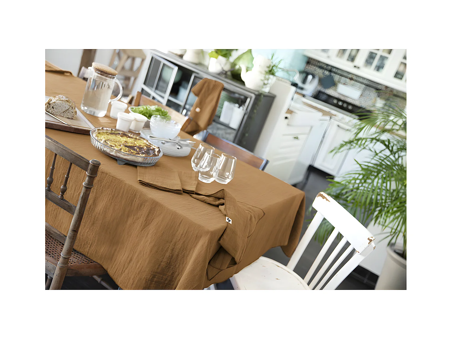 OUREA - Nappe Rectangulaire 150x250cm Gaze de Coton Camel
