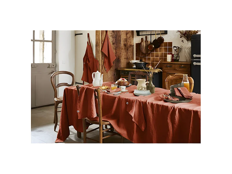 MARGAUX - Nappe Rectangulaire 170x350cm Lin Lavé Coloris Paprika