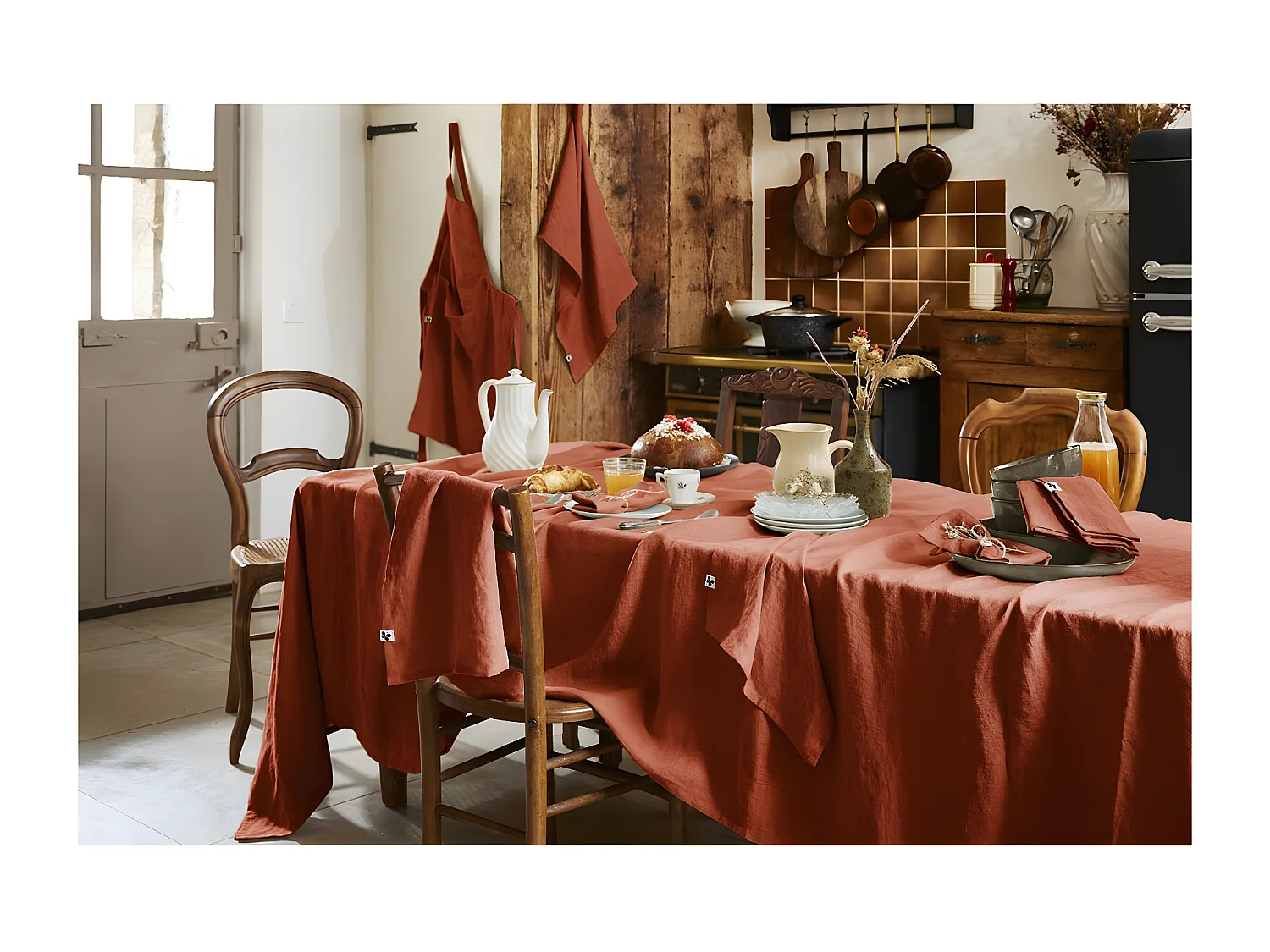 MARGAUX - Nappe Rectangulaire 170x350cm Lin Lavé Coloris Paprika