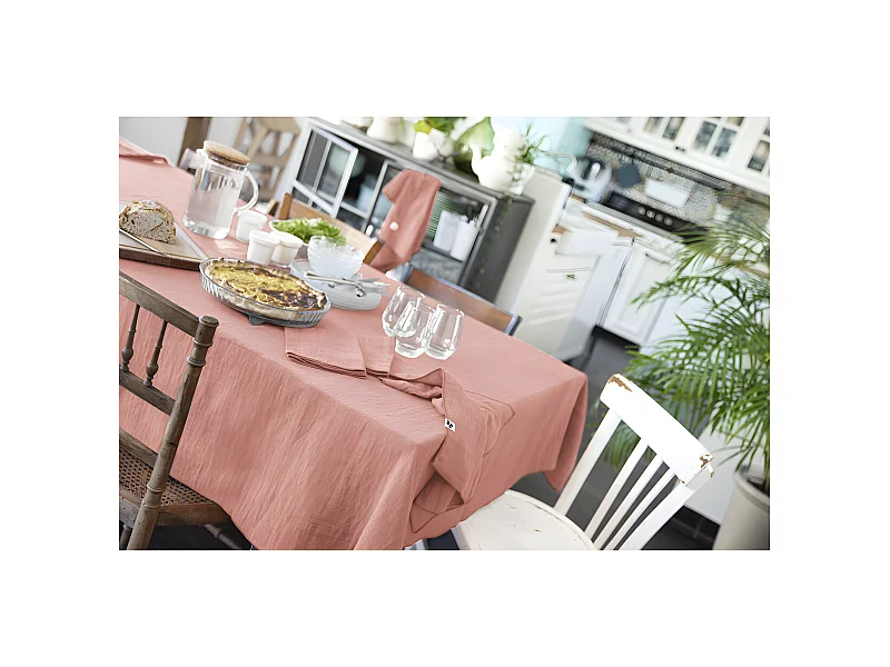 OUREA - Nappe Rectangulaire 150x350cm Gaze de Coton Rose Pêche