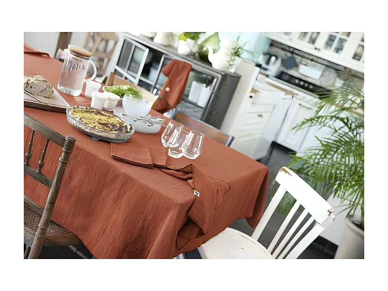 OUREA - Nappe Rectangulaire 150x350cm Gaze de Coton Terracotta