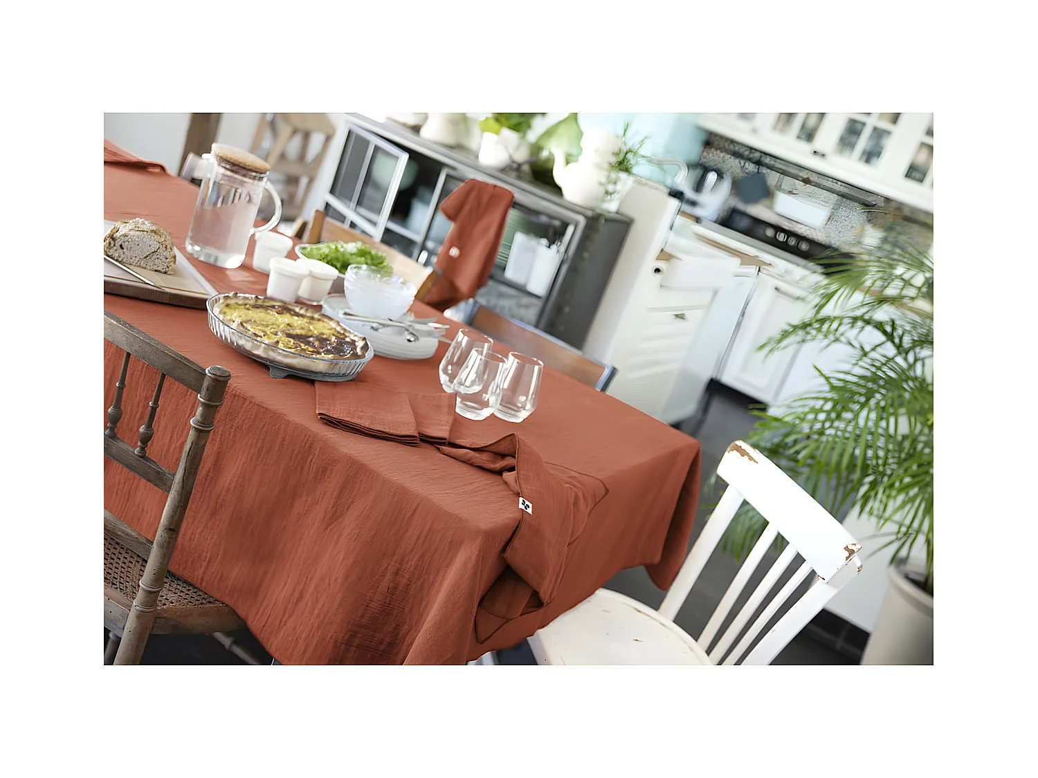 OUREA - Nappe Rectangulaire 150x350cm Gaze de Coton Terracotta