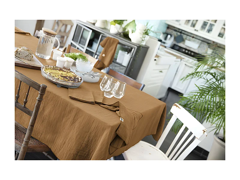 OUREA - Nappe Rectangulaire 150x350cm Gaze de Coton Camel