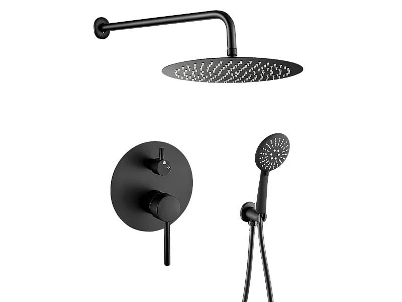 Conjunto de ducha empotrada a pared monomando redonda BORACAY negro mate  Ø 25cm