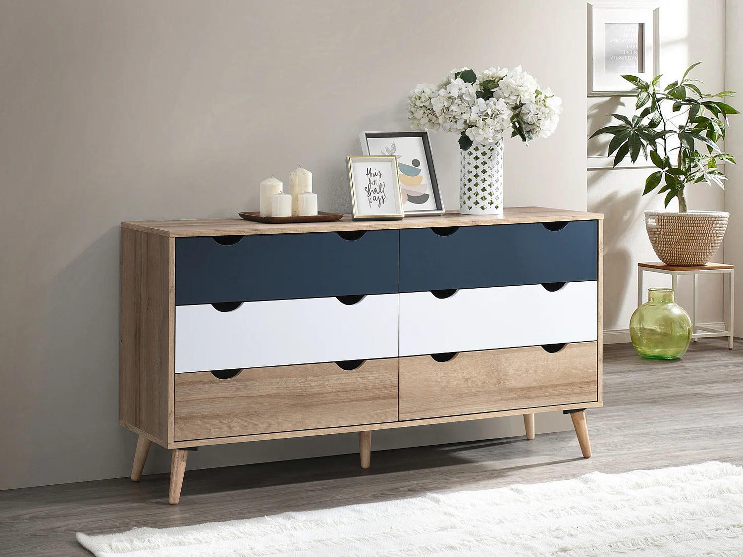 Commode 6 tiroirs - Coloris : Naturel, blanc et bleu marine - LURVIA